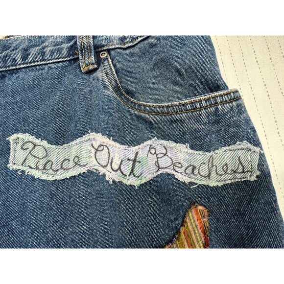 The Scrappy Camper Women Jeans Sz XXL Upcycled Patchwork Boho Festival Peace Out - Picture 3 of 16